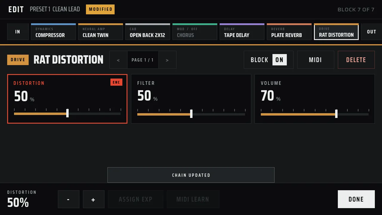 RAT Distortion controls: Distortion, Filter, and Volume as large sliders.