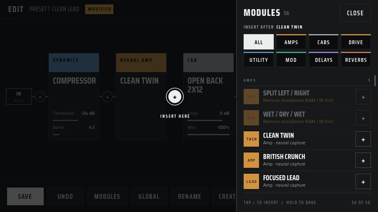 Modules drawer: family filter buttons and a list of amp captures, each with a plus button.