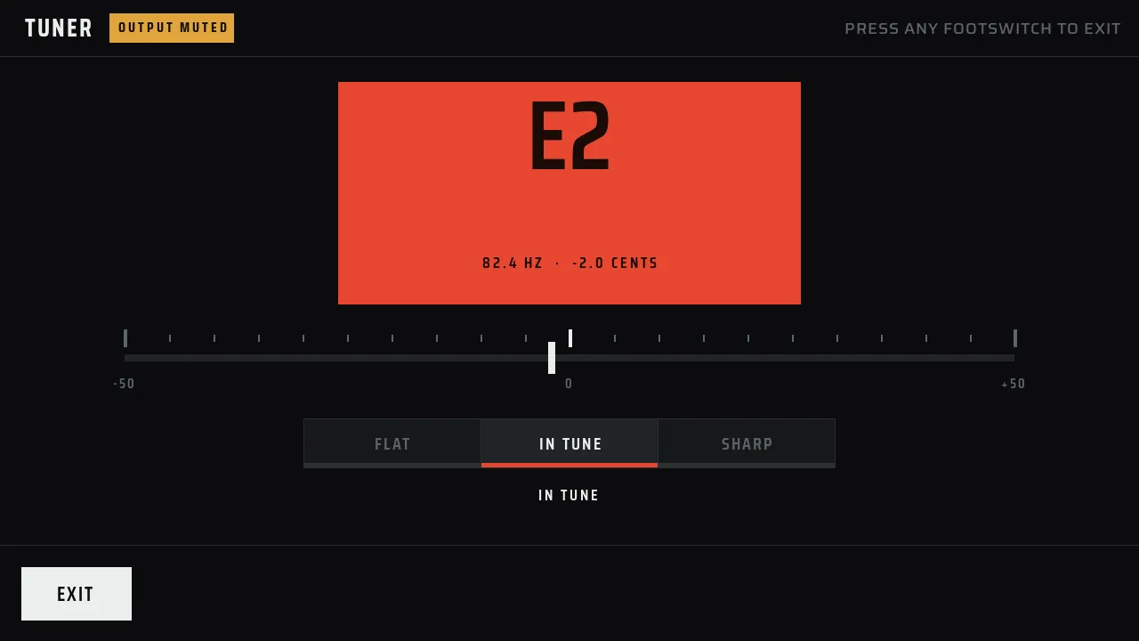Tuner screen showing E2 in tune, with the output muted.