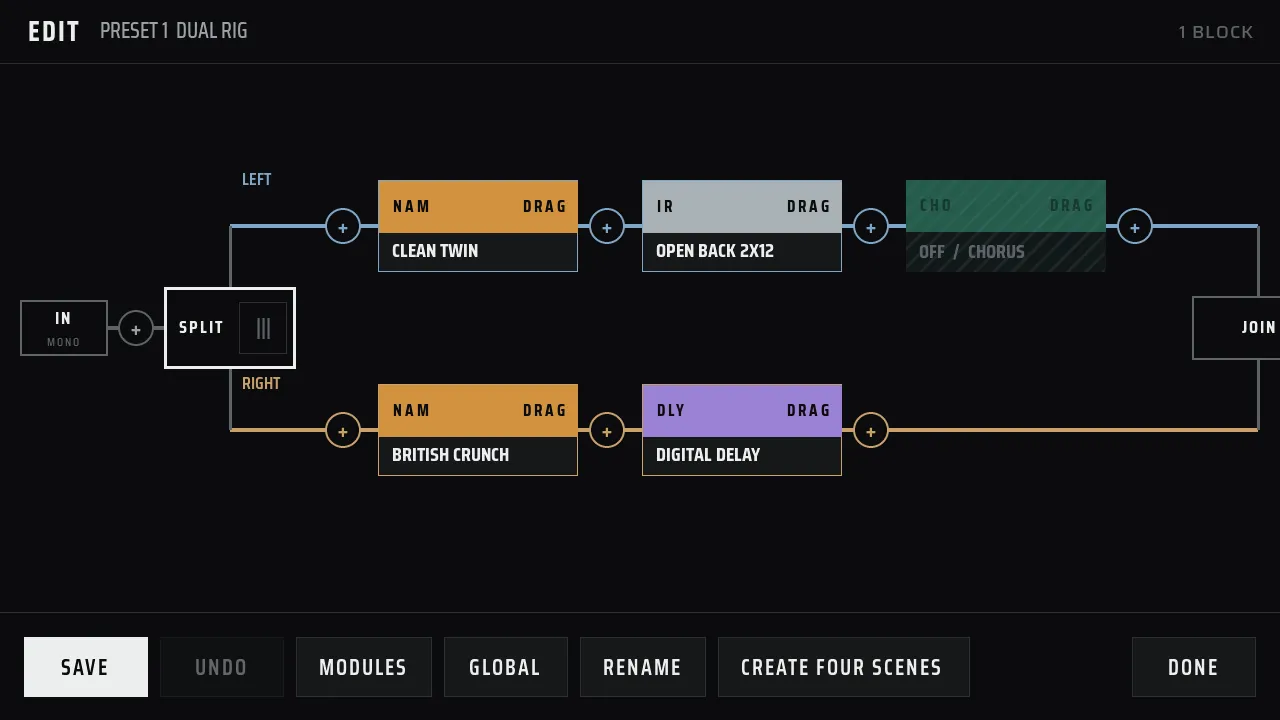Dual Rig editor: the input splits into a left lane and a right lane, which join at the output.