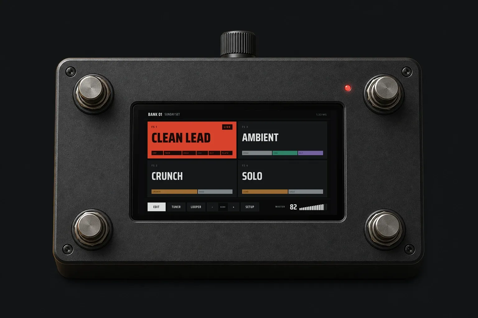 The Ardor pedal. Its screen shows bank 01 with the Clean Lead preset live in red.