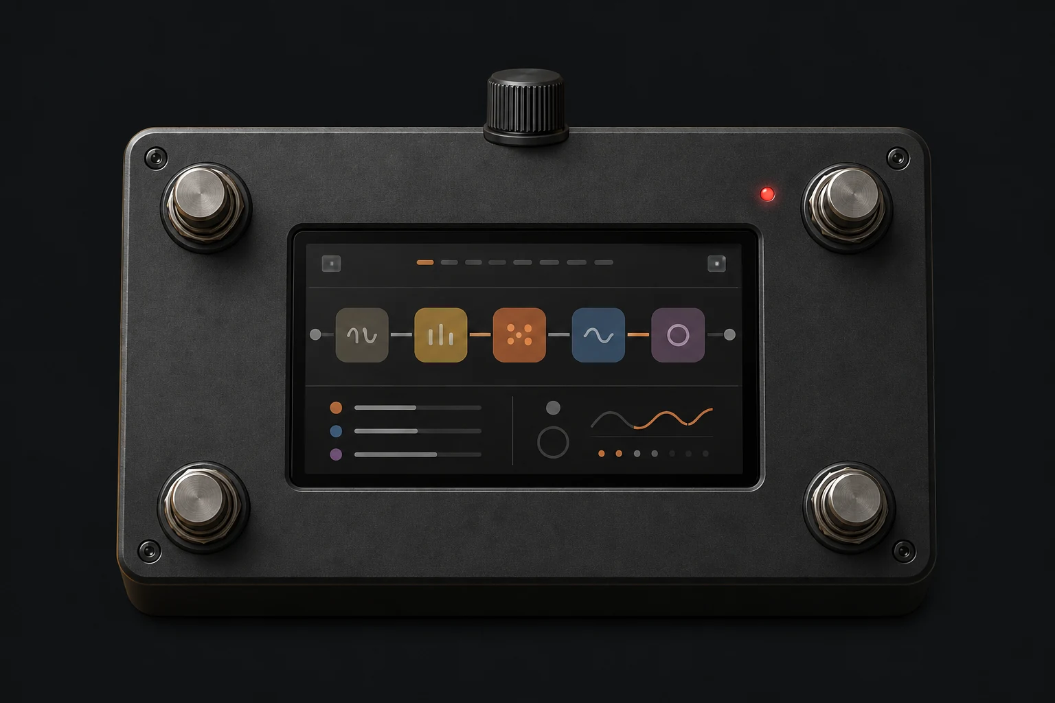 Ardor pedal with four corner footswitches, a central touchscreen, and a top-panel rotary encoder.